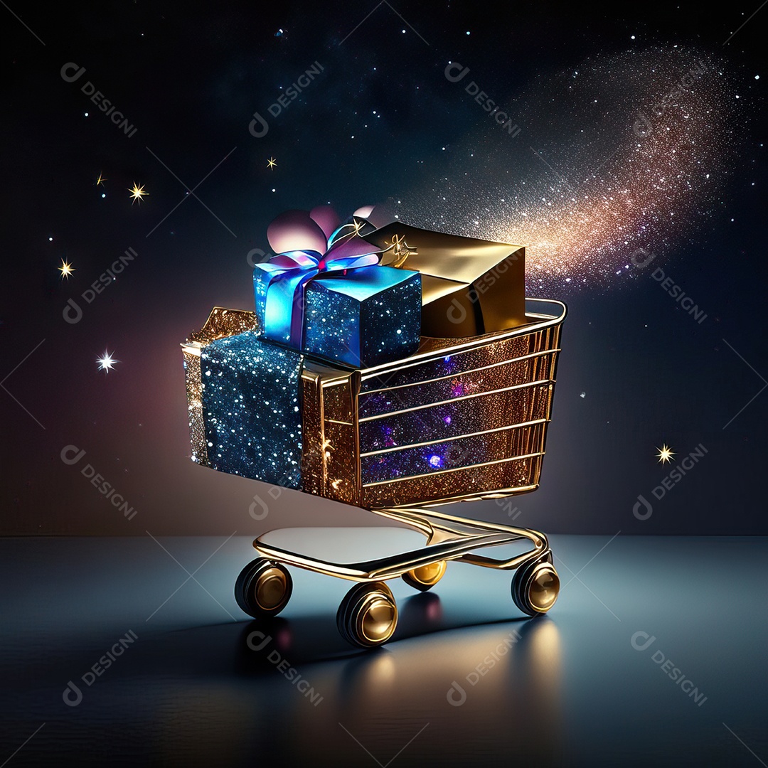 Carrinho de compras fotográfico com arranjo de presentes em brilho