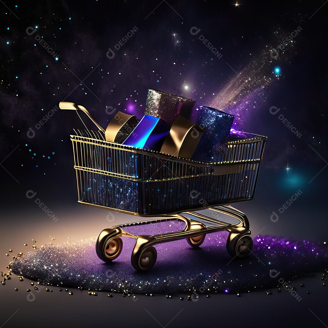 Carrinho de compras fotográfico com arranjo de presentes em brilho