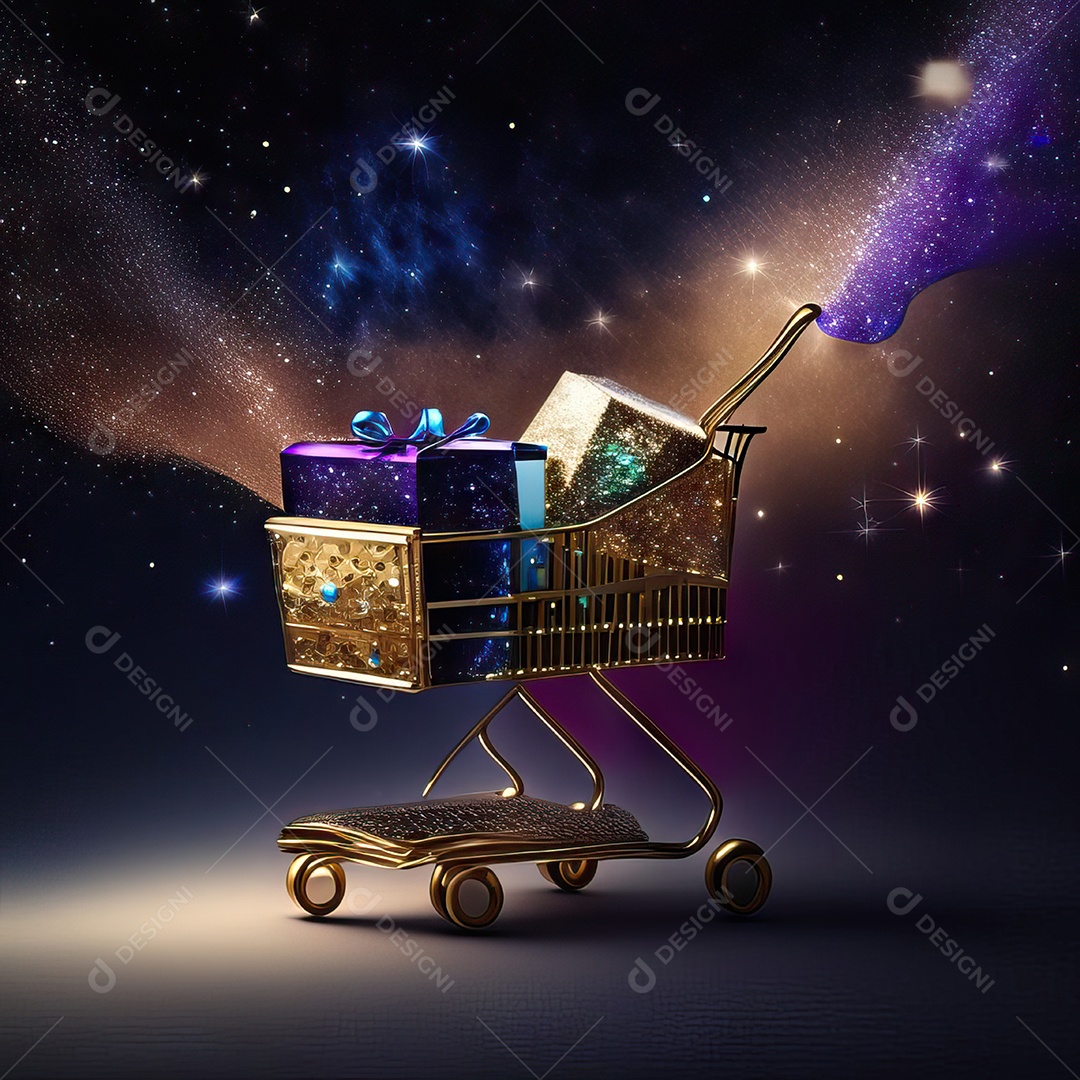 Carrinho de compras fotográfico com arranjo de presentes em brilho