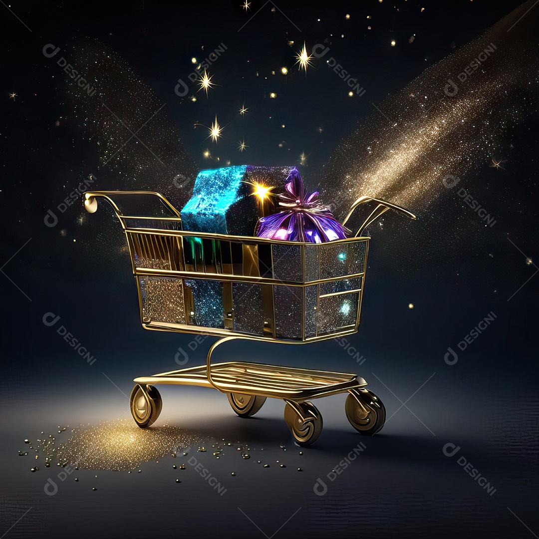 Carrinho de compras fotográfico com arranjo de presentes em brilho