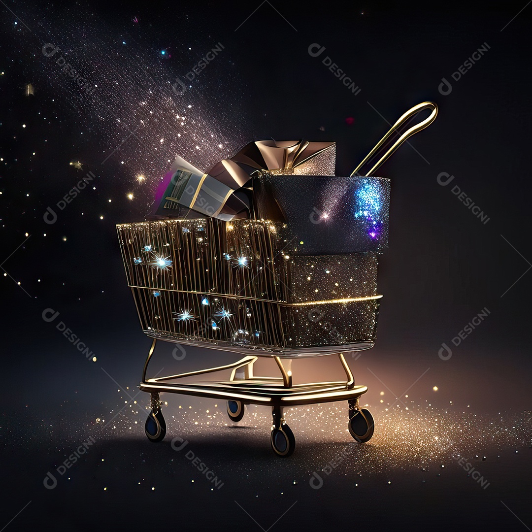 Carrinho de compras fotográfico com arranjo de presentes em brilho