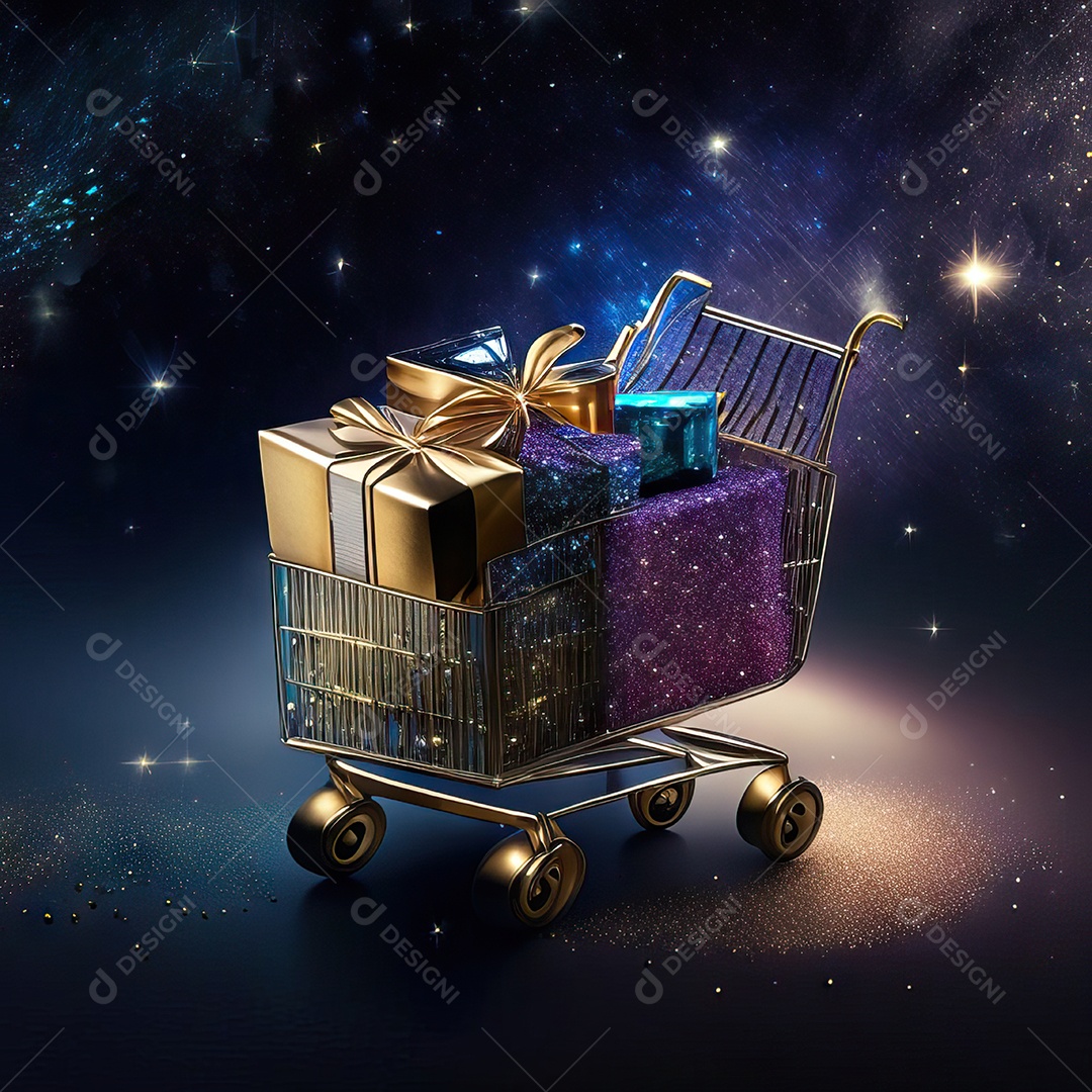 Carrinho de compras fotográfico com arranjo de presentes em brilho