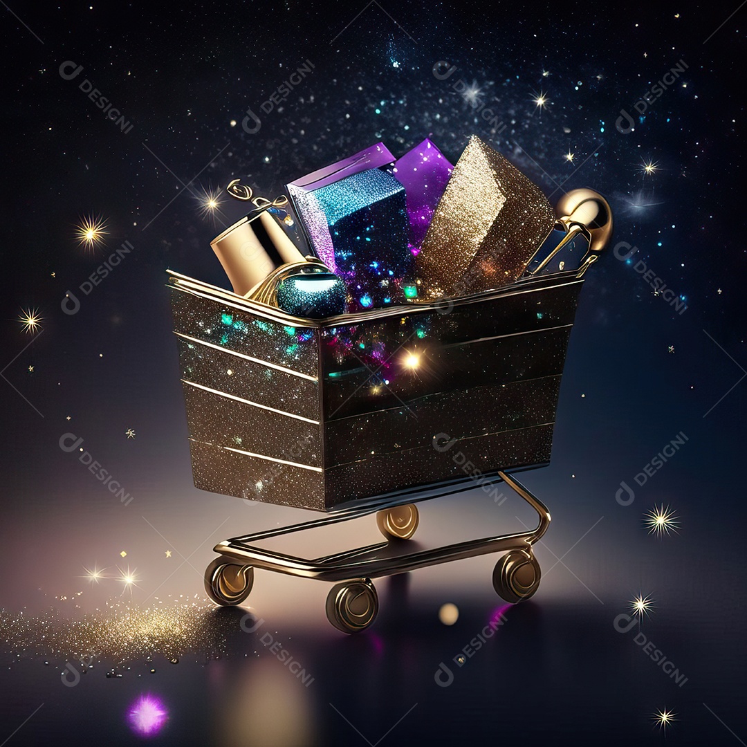 Carrinho de compras fotográfico com arranjo de presentes em brilho