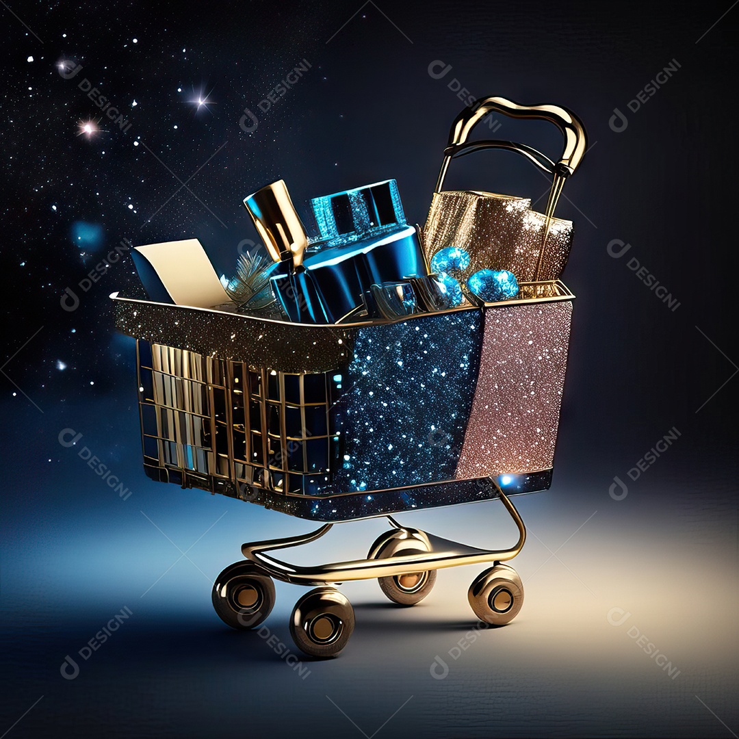 Carrinho de compras fotográfico com arranjo de presentes em brilho