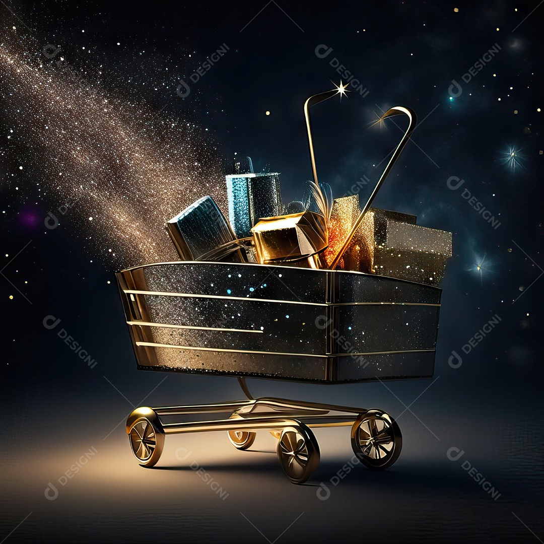 Carrinho de compras fotográfico com arranjo de presentes em brilho