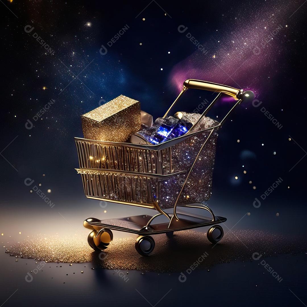 Carrinho de compras fotográfico com arranjo de presentes em brilho