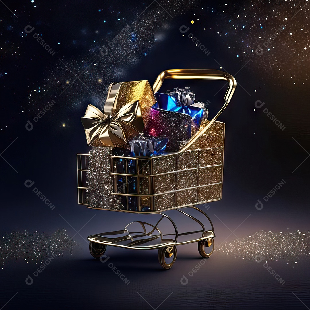 Carrinho de compras fotográfico com arranjo de presentes em brilho