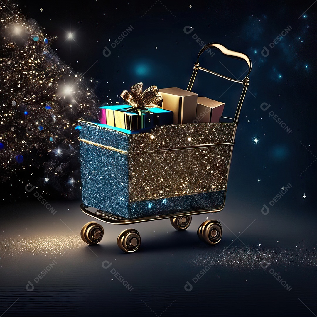 Carrinho de compras fotográfico com arranjo de presentes em brilho