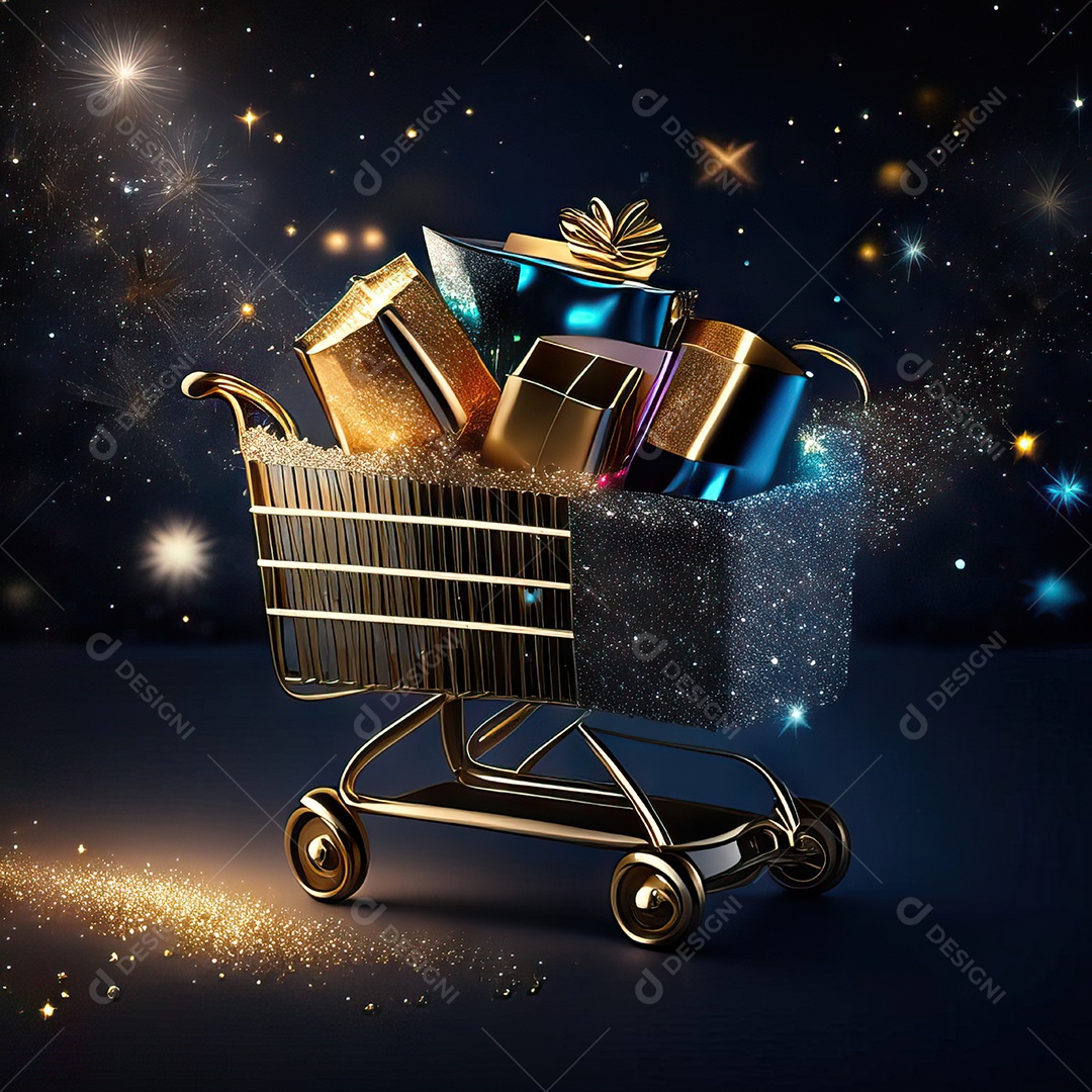 Carrinho de compras fotográfico com arranjo de presentes em brilho