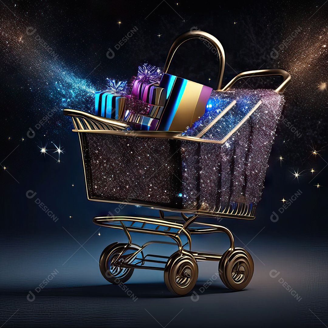 Carrinho de compras fotográfico com arranjo de presentes em brilho