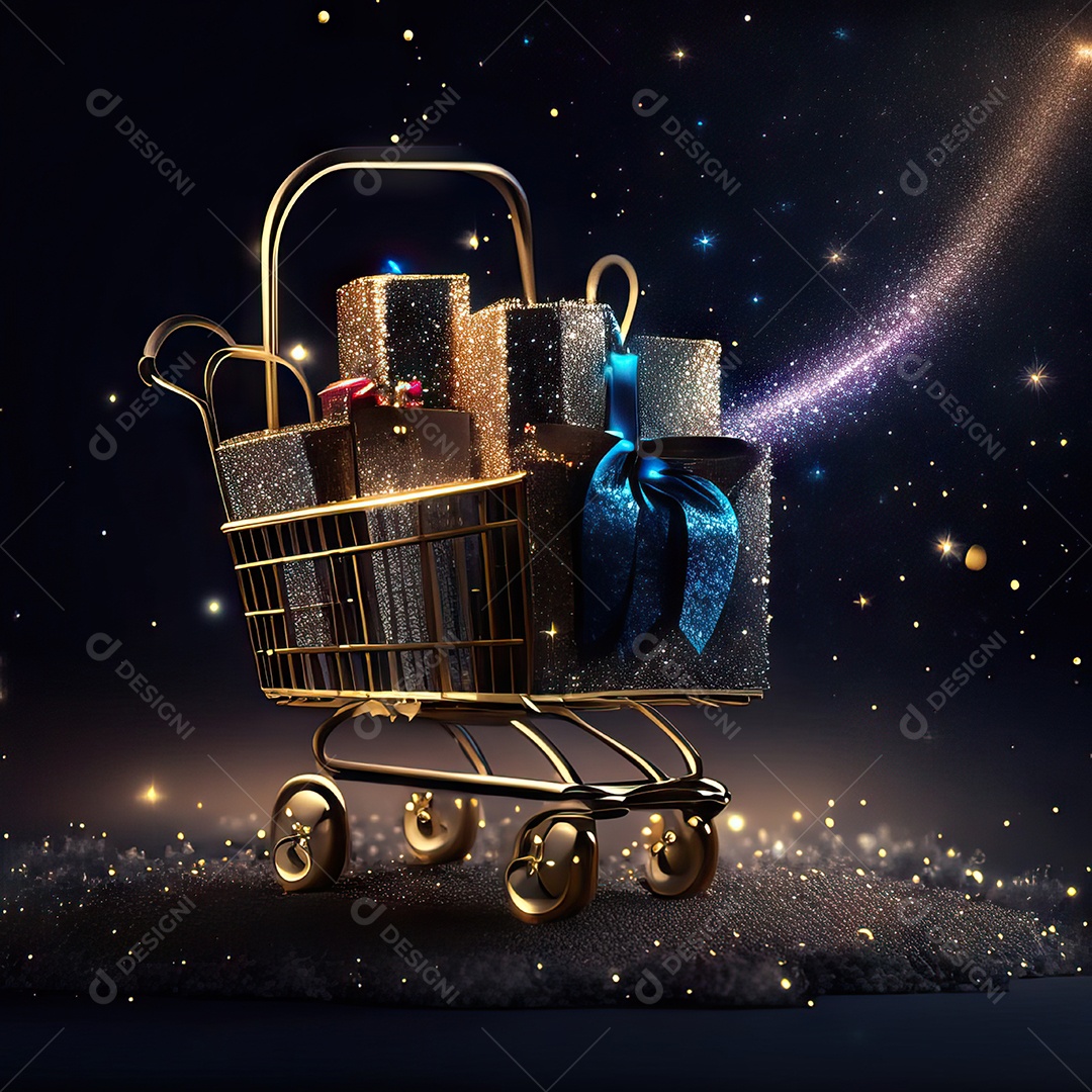 Carrinho de compras fotográfico com arranjo de presentes em brilho