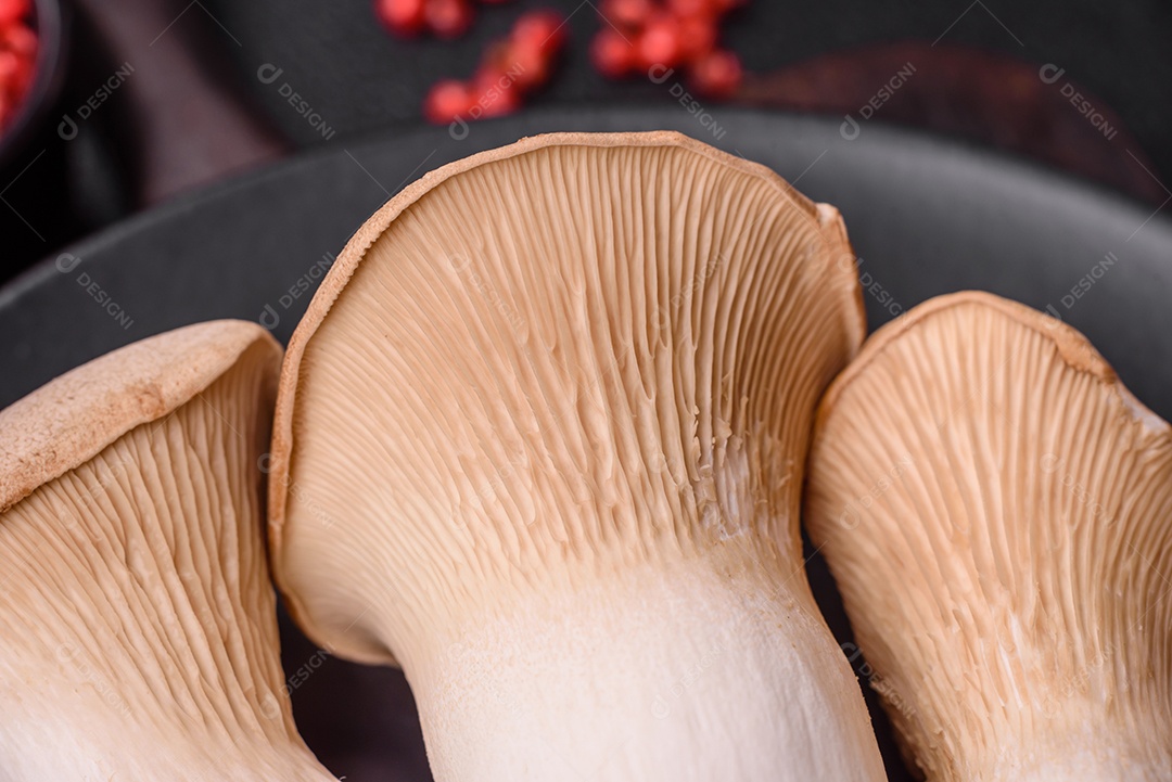 Cogumelos Pleurotus eryngii sobre um fundo escuro de concreto. Cogumelos comestíveis inteiros crus
