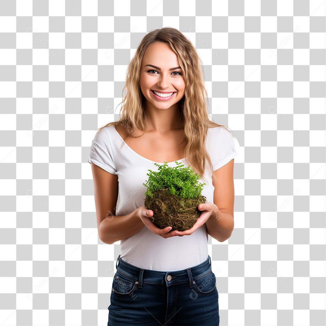 Mulher com Planta na Mão PNG Transparente