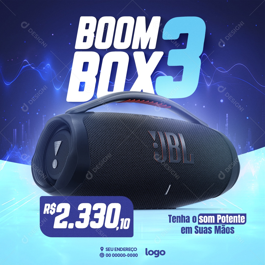 Informática Boom Box 3 Tenha o Som Potente em suas Mãos Social Media PSD Editável