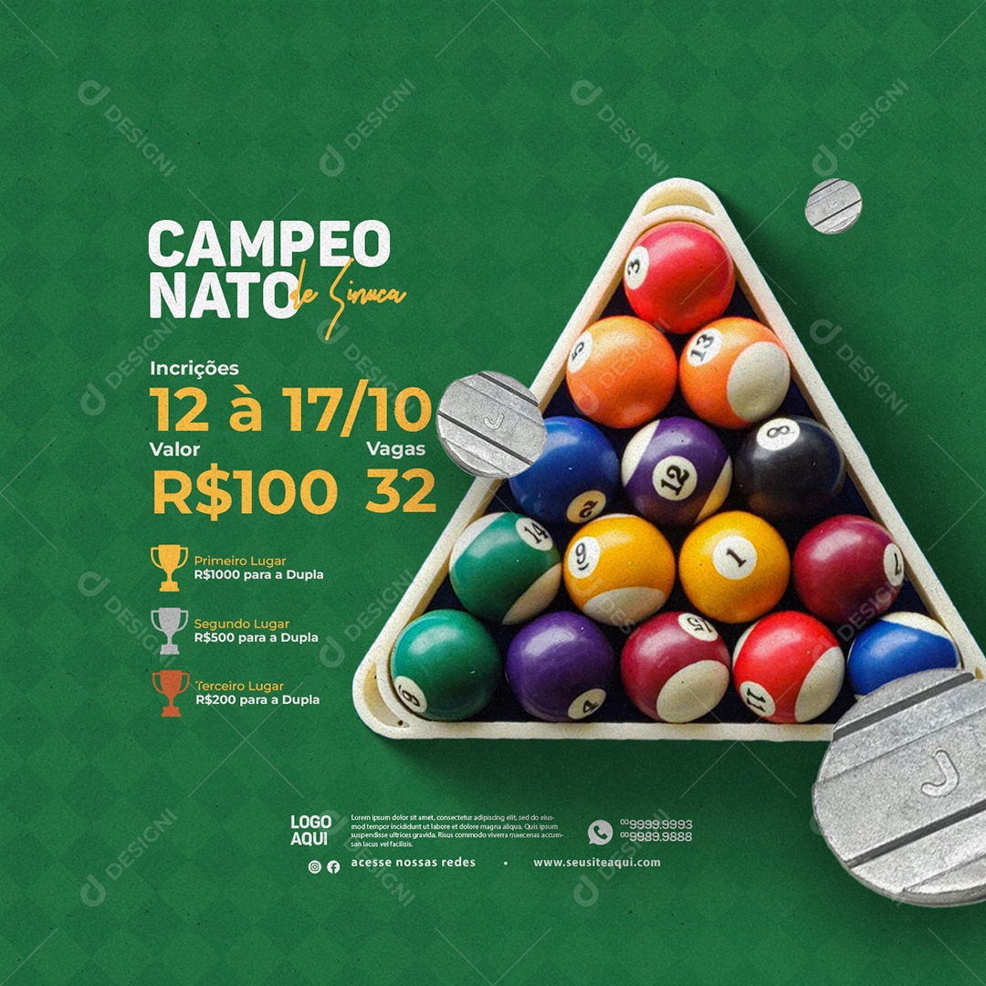 Torneios Campeonato de Sinuca Social Media PSD Editável