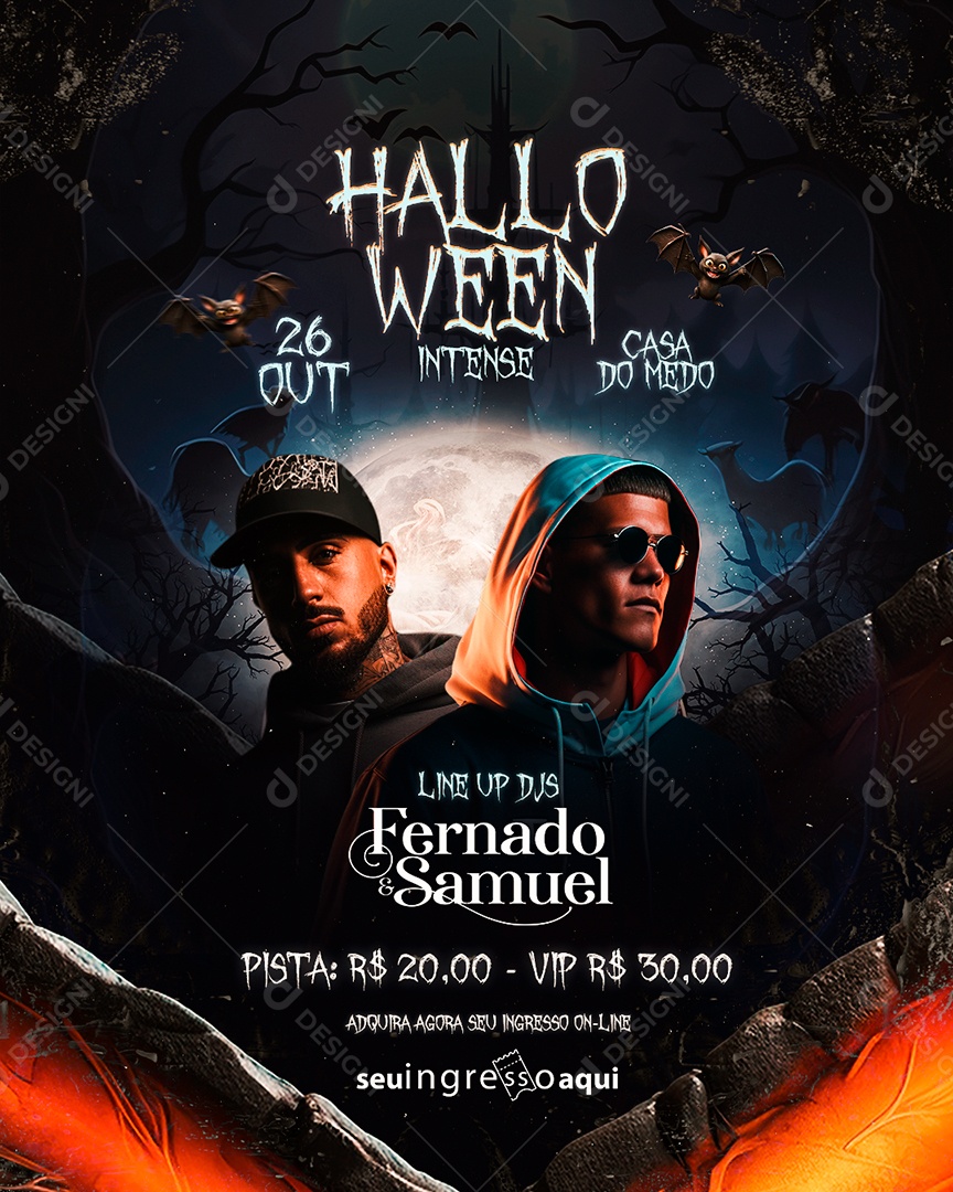 Flyer Halloween Intense Casa Do Medo Line Up Fernado & Samuel Social Media PSD Editável