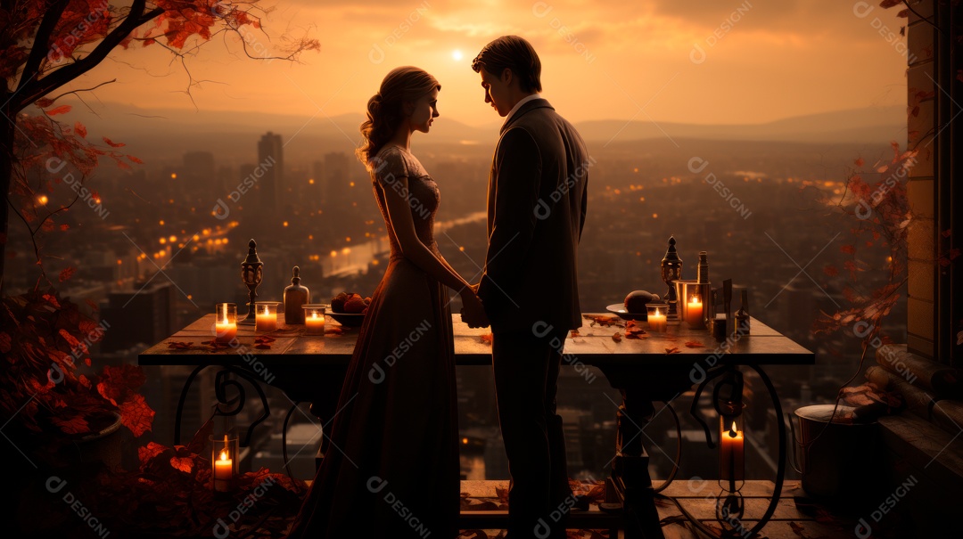 Silhueta de casal sobre uma floresta.