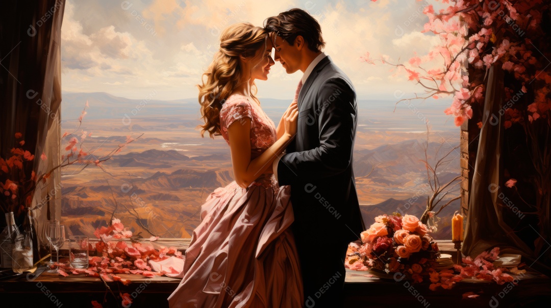 Silhueta de casal sobre uma floresta.