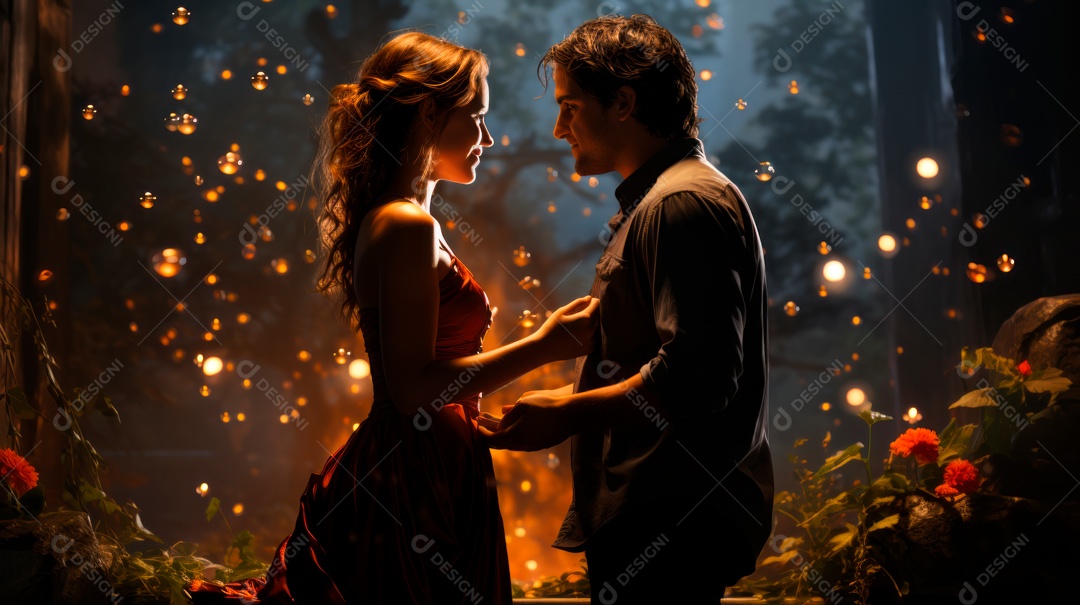 Silhueta de casal sobre uma floresta.