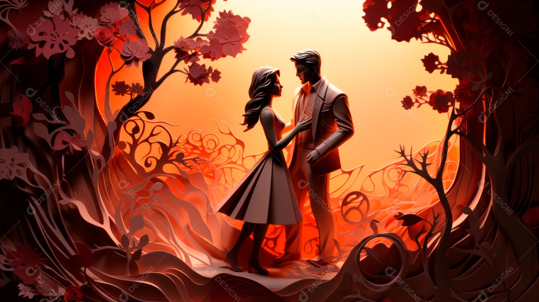 Silhueta de casal sobre uma floresta.