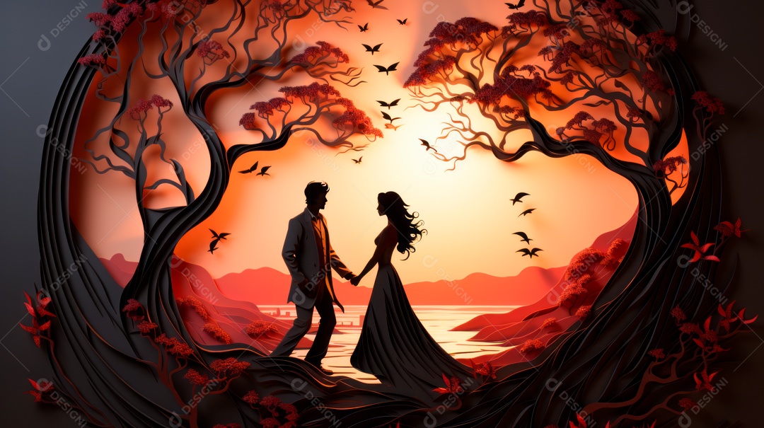 Silhueta de casal sobre uma floresta.