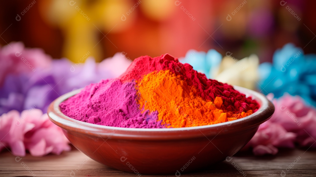 Pó colorido do Festival Holi. cores gulal orgânicas na tigela 25 de março IA generativa.