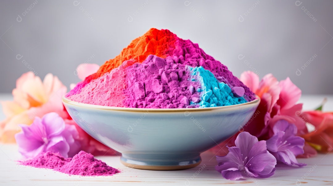 Pó colorido do Festival Holi. cores gulal orgânicas na tigela 25 de março IA generativa.