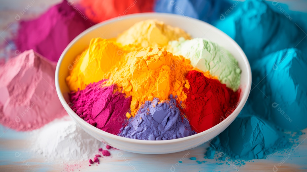 Pó colorido do Festival Holi. cores gulal orgânicas na tigela 25 de março IA generativa.