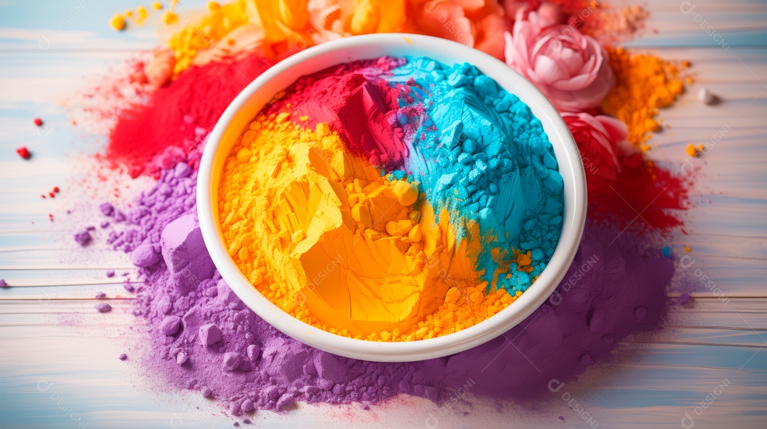 Pó colorido do Festival Holi. cores gulal orgânicas na tigela 25 de março IA generativa.