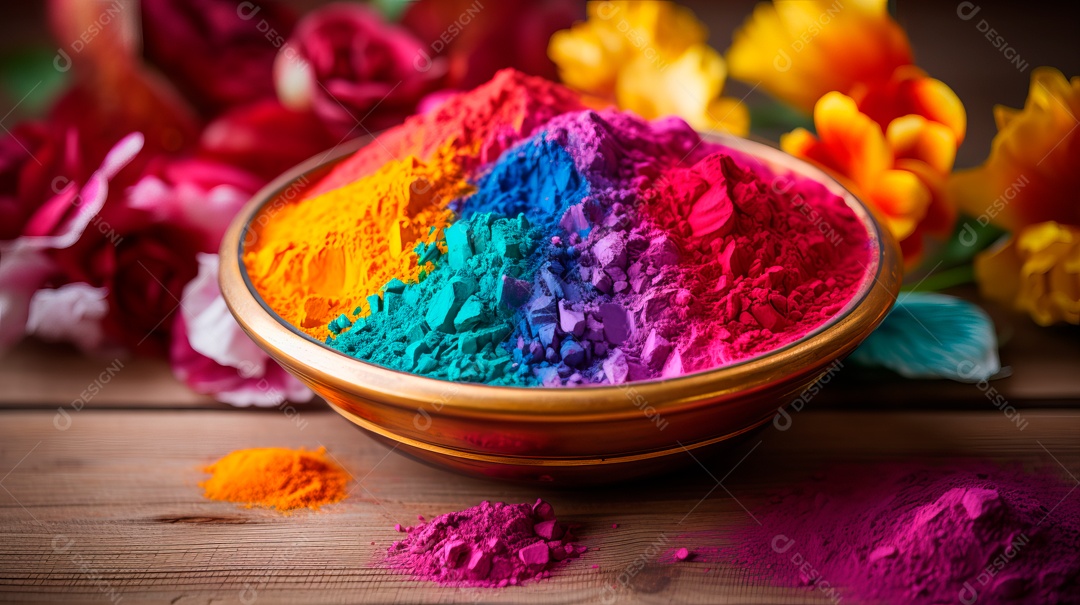 Pó colorido do Festival Holi. cores gulal orgânicas na tigela 25 de março IA generativa.