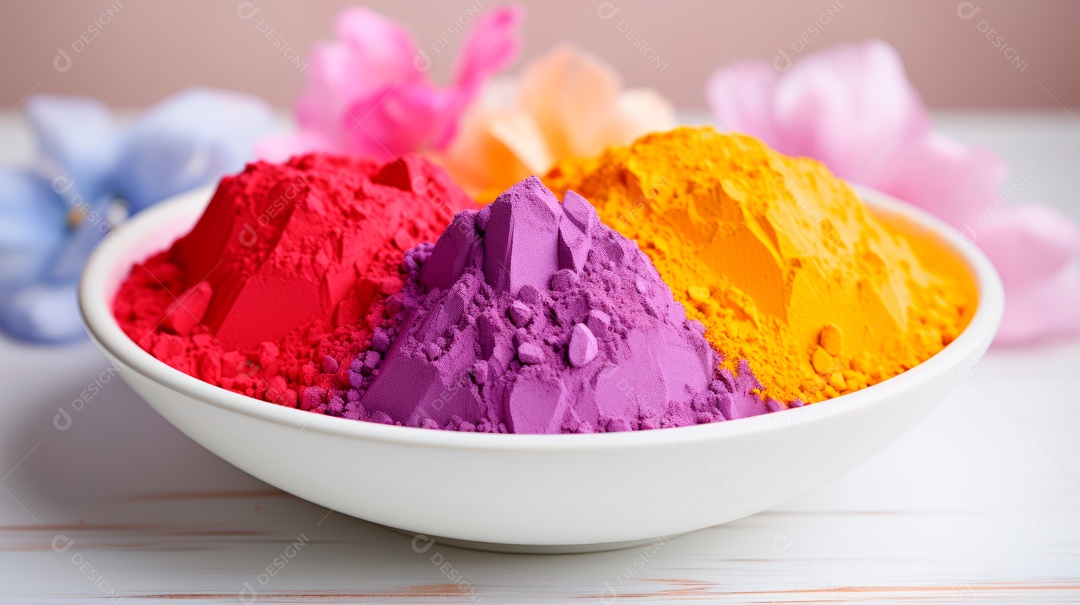 Pó colorido do Festival Holi. cores gulal orgânicas na tigela 25 de março IA generativa.