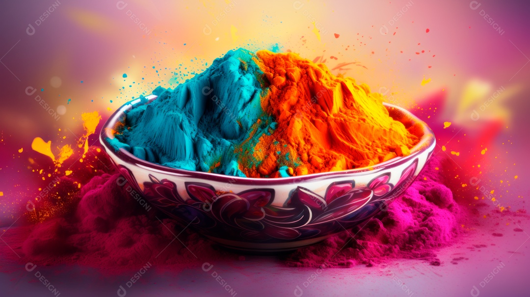 Pó colorido do Festival Holi. cores gulal orgânicas na tigela 25 de março IA generativa.