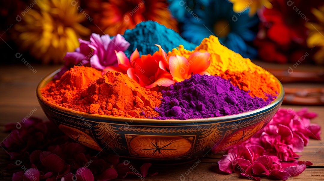 Pó colorido do Festival Holi. cores gulal orgânicas na tigela 25 de março IA generativa.