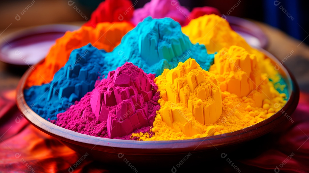 Pó colorido do Festival Holi. cores gulal orgânicas na tigela 25 de março IA generativa.