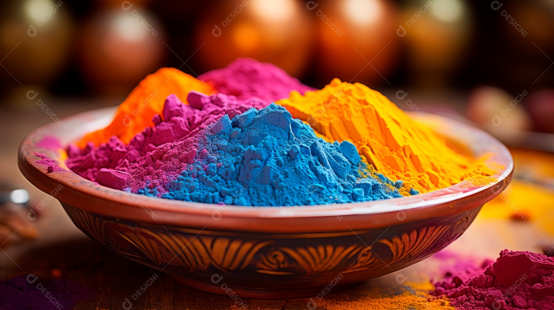 Pó colorido do Festival Holi. cores gulal orgânicas na tigela 25 de março IA generativa.
