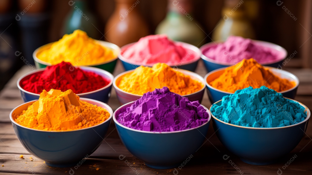 Pó colorido do Festival Holi. cores gulal orgânicas na tigela 25 de março IA generativa.