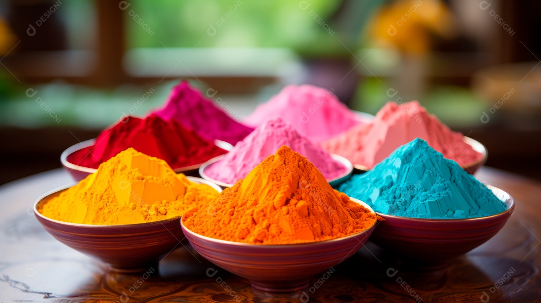 Pó colorido do Festival Holi. cores gulal orgânicas na tigela 25 de março IA generativa.