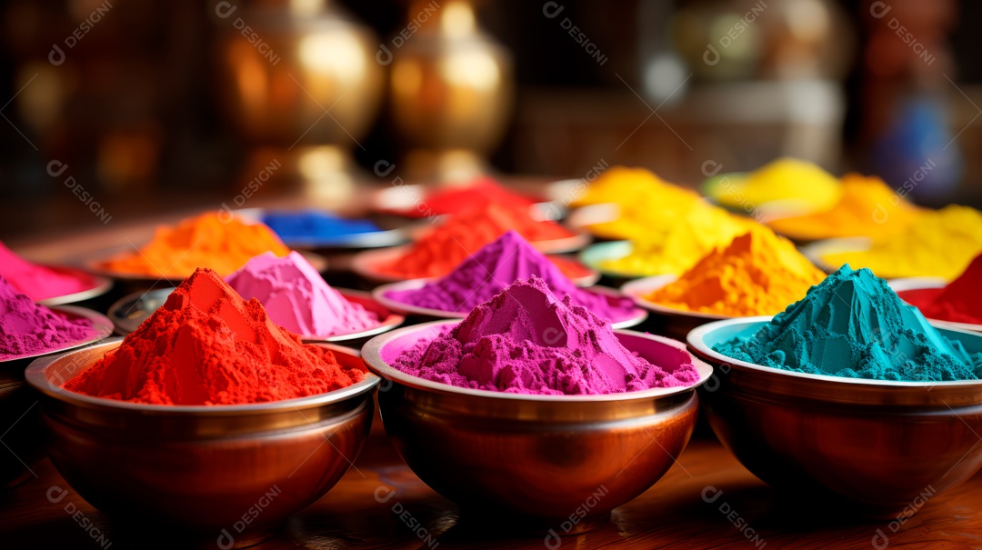 Pó colorido do Festival Holi. cores gulal orgânicas na tigela 25 de março IA generativa.