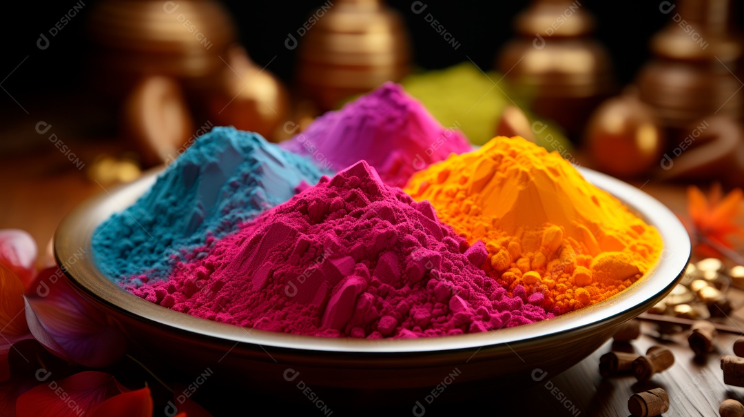 Pó colorido do Festival Holi. cores gulal orgânicas na tigela 25 de março IA generativa.