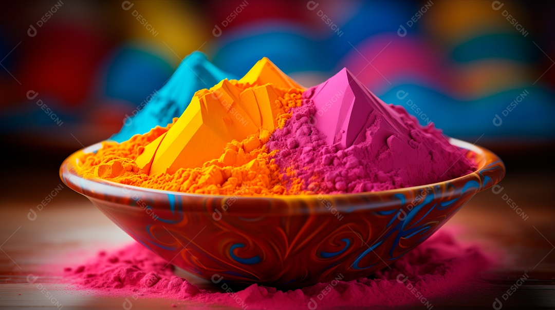 Pó colorido do Festival Holi. cores gulal orgânicas na tigela 25 de março IA generativa.