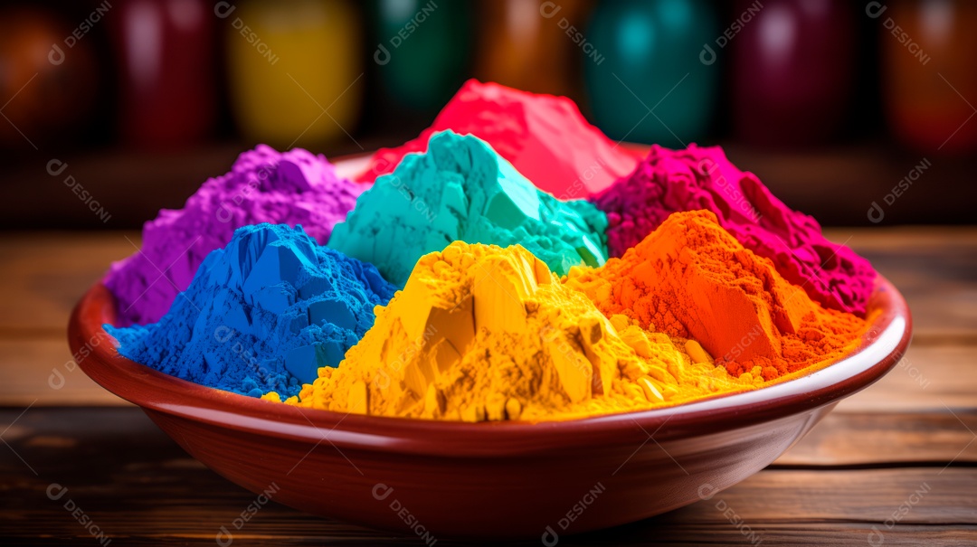 Pó colorido do Festival Holi. cores gulal orgânicas na tigela 25 de março IA generativa.