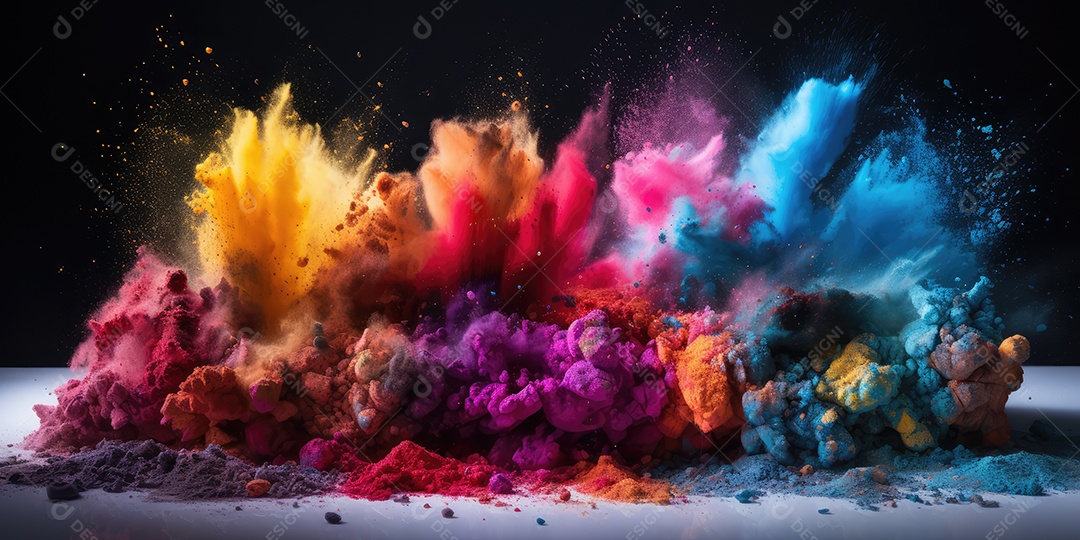 Pincéis de maquiagem profissional cosmética e pincéis com pós coloridos de explosão em movimento isolados