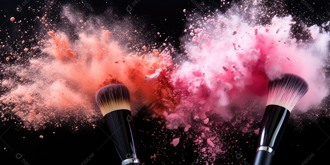 Pincéis de maquiagem profissional cosmética e pincéis com pós coloridos de explosão em movimento isolados