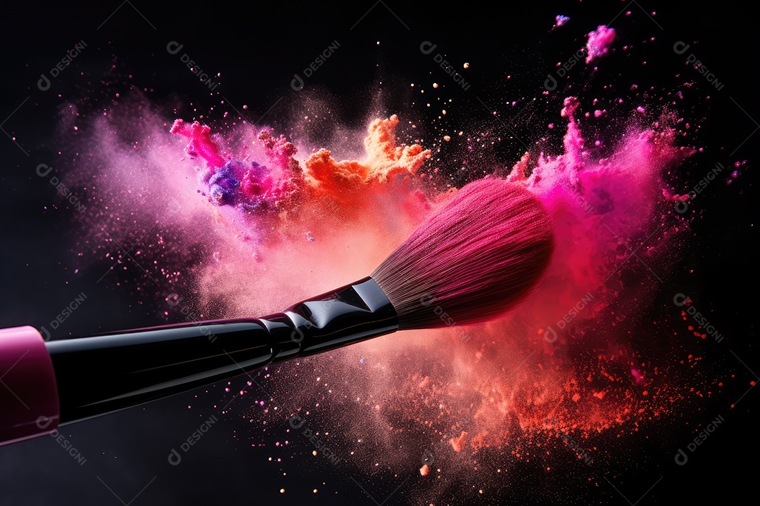 Pincéis de maquiagem profissional cosmética e pincéis com pós coloridos de explosão em movimento isolados