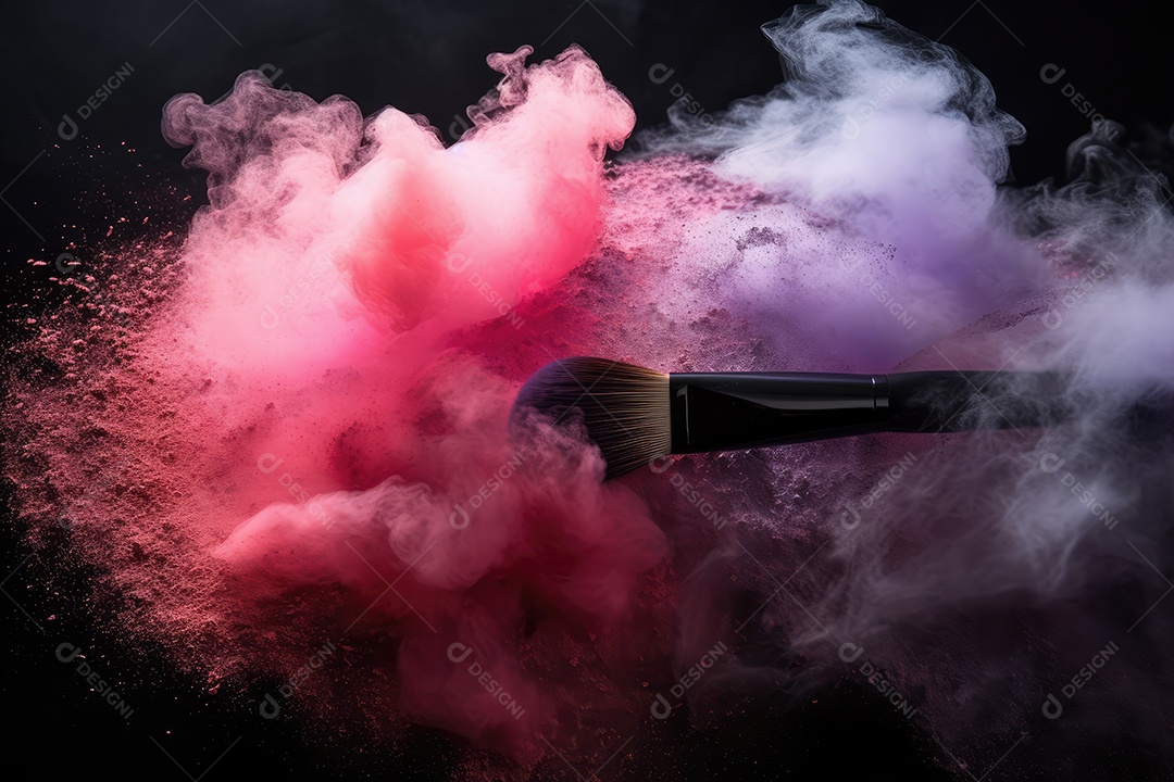 Pincéis de maquiagem profissional cosmética e pincéis com pós coloridos de explosão em movimento isolados