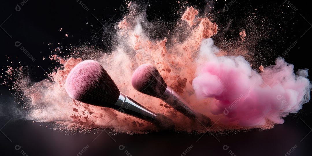 Pincéis de maquiagem profissional cosmética e pincéis com pós coloridos de explosão em movimento isolados