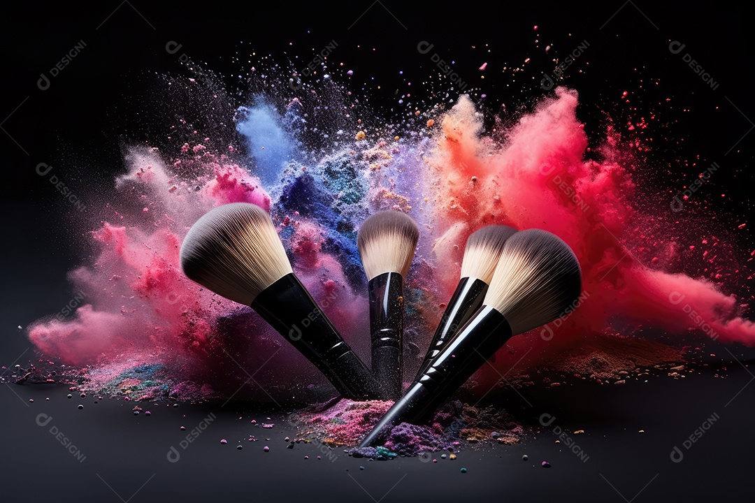Pincéis de maquiagem profissional cosmética e pincéis com pós coloridos de explosão em movimento isolados