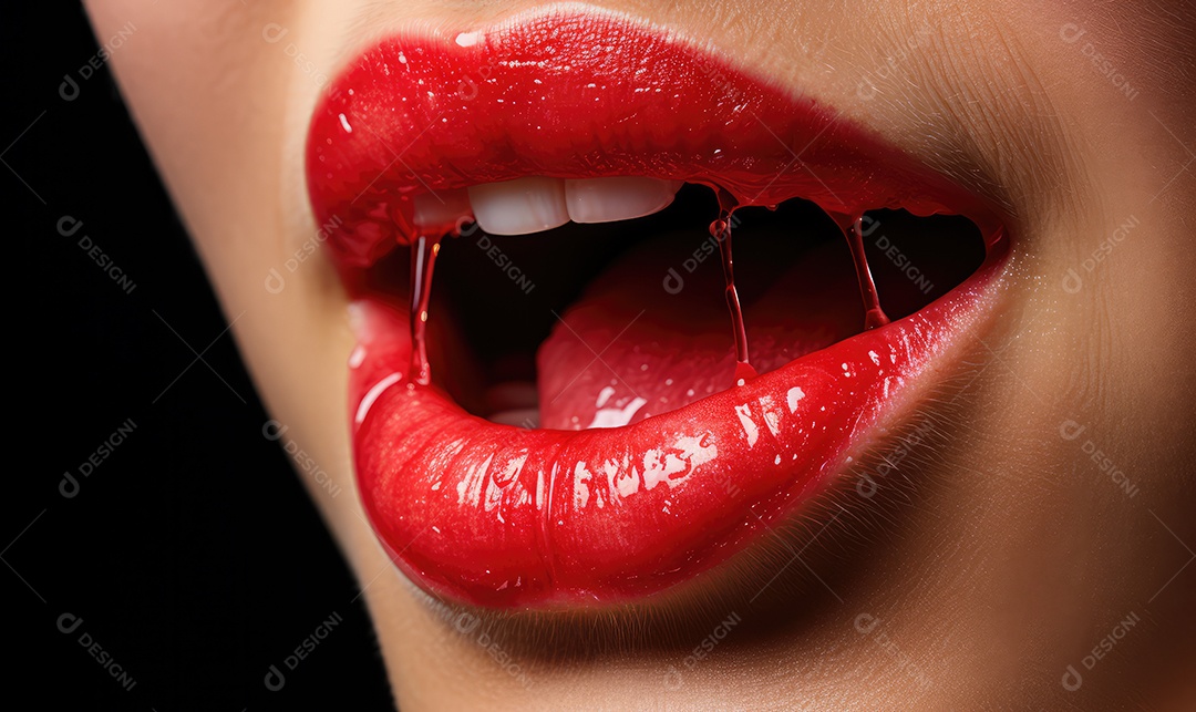 Linda boca feminina em close com batom vermelho, maquiagem profissional