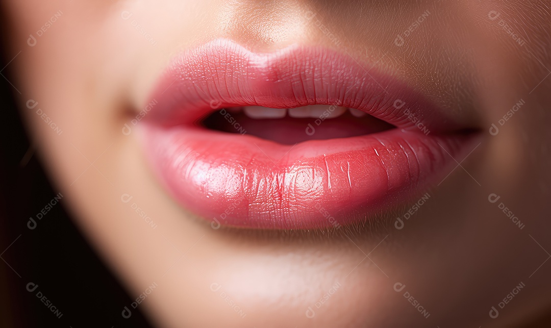 Linda boca feminina em close com batom vermelho, maquiagem profissional