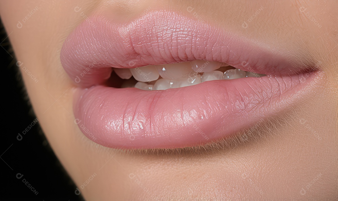 Linda boca feminina em close com batom vermelho, maquiagem profissional